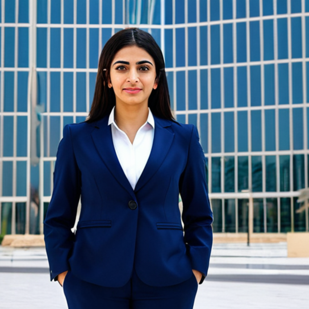 **
"A professional Arab businesswoman in a modest, dark blue business suit, standing confidently in front of a modern office building in Dubai, UAE, fully clothed, appropriate attire, safe for work, perfect anatomy, natural proportions, professional corporate photography, high quality, family-friendly."
**