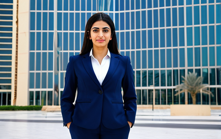 **
"A professional Arab businesswoman in a modest, dark blue business suit, standing confidently in front of a modern office building in Dubai, UAE, fully clothed, appropriate attire, safe for work, perfect anatomy, natural proportions, professional corporate photography, high quality, family-friendly."
**