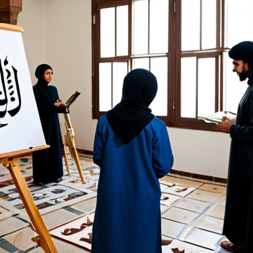 편집 및 개선 프로세스의 기술적 발전 - Modern Arabic Calligraphy Workshop**
* **Prompt:** "A vibrant workshop scene, filled with natural...
