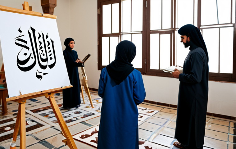 편집 및 개선 프로세스의 기술적 발전 - Modern Arabic Calligraphy Workshop**
* **Prompt:** "A vibrant workshop scene, filled with natural...