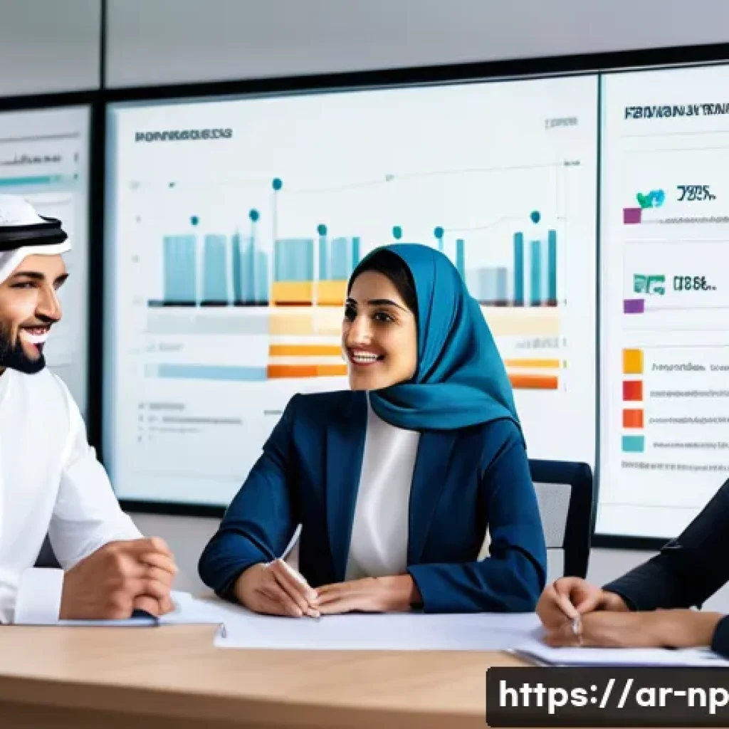편집 및 개선 프로세스에서의 KPI 설정 방법 - A modern Middle Eastern office setting featuring a diverse team of Arab professionals collaborating ...