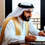 편집 과정의 중요성과 성공 사례 - A professional Arabic editor in a modern office setting, carefully proofreading a manuscript on a sl...