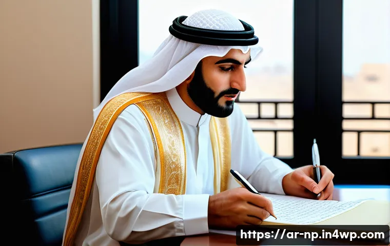 편집 과정의 중요성과 성공 사례 - A professional Arabic editor in a modern office setting, carefully proofreading a manuscript on a sl...