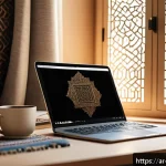 디지털 콘텐츠 편집의 새로운 접근법 - A modern Arabic digital content creator&rsquo;s workspace featuring a sleek laptop displaying analytics da...